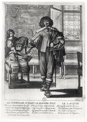 Cortesano siguiendo el último edicto real en 1633 y su lacayo